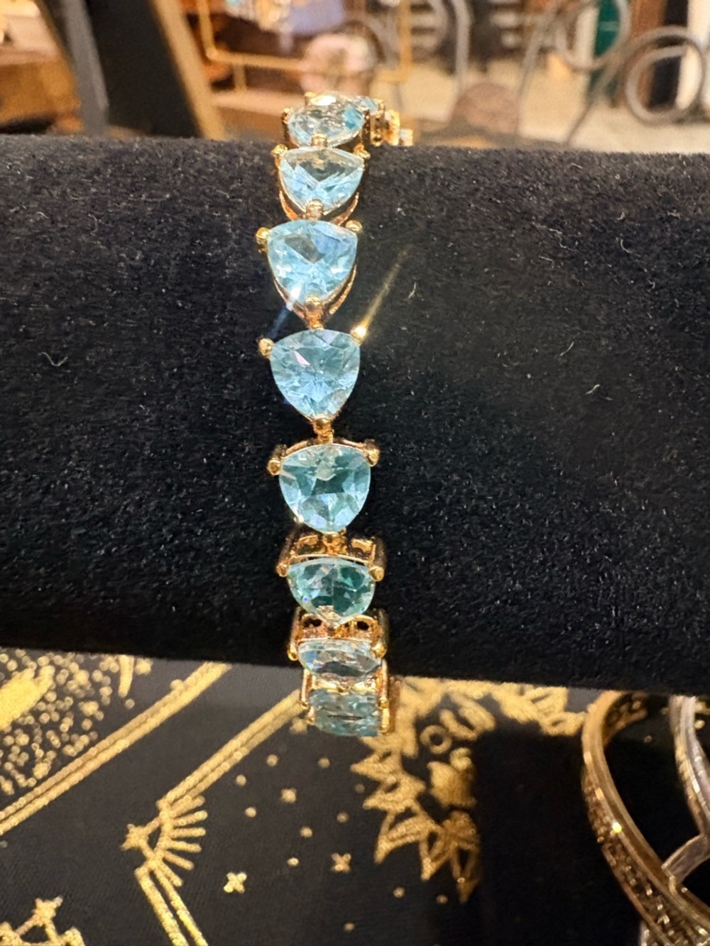 14k Yellow Gold Plated 5Ct Trillion Cut Simulated Aquamarine Tennis Bracelet